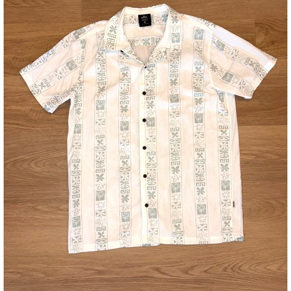 Rip Curl white and green flower daisy short sleeve button up shirt size medium